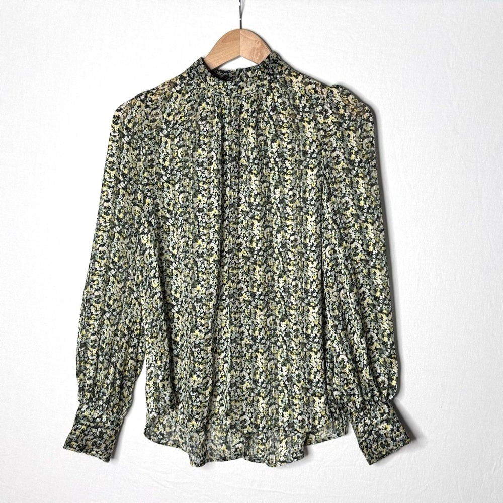 H&M Top Sz S Green‎ Floral High Neck Long Sleeve Blouse Sheer Office Feminine